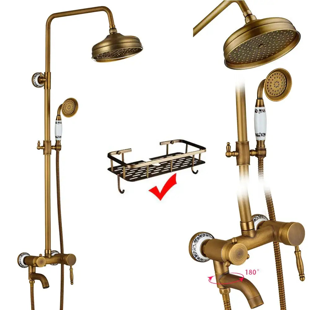 Antique brass dual handle shower faucet set with shelf bathroom