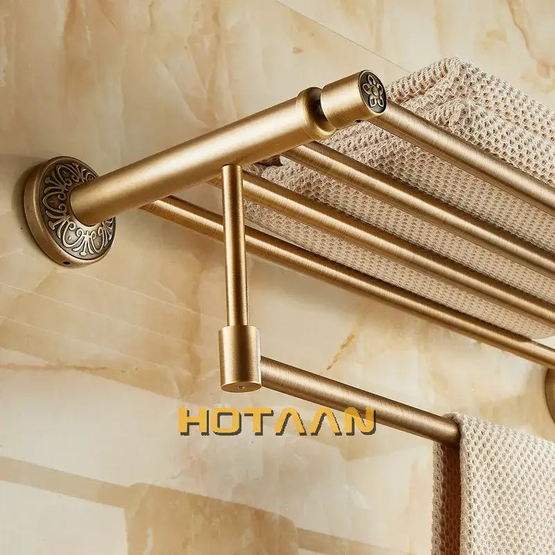 Antique brass floral double towel rack bathroom shelf