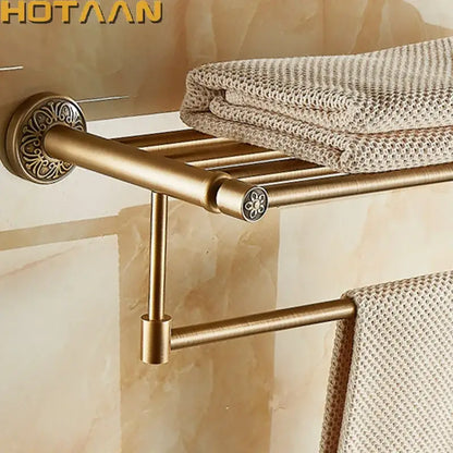 Antique brass floral double towel rack bathroom shelf