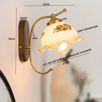 Antique brass floral frosted glass led wall lights bedroom sconce