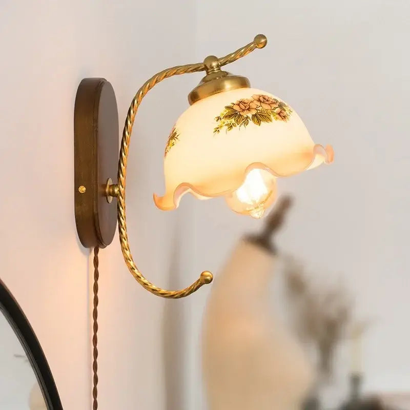 Antique brass floral frosted glass led wall lights bedroom sconce