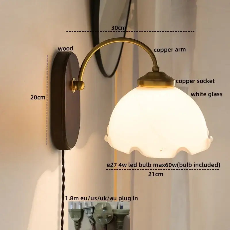 Antique brass floral frosted glass led wall lights bedroom sconce