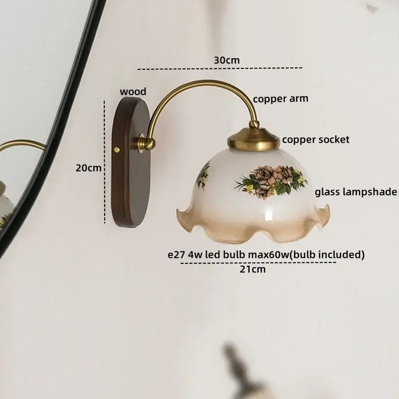 Antique brass floral frosted glass led wall lights bedroom sconce