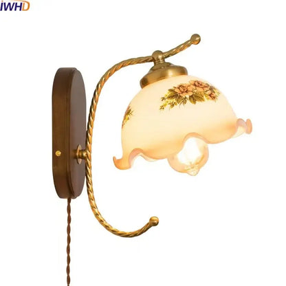Antique brass floral frosted glass led wall lights bedroom sconce