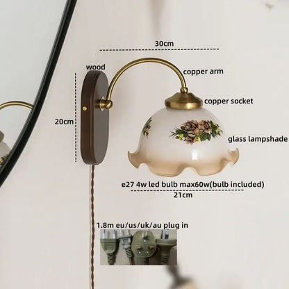 Antique brass floral frosted glass led wall lights bedroom sconce