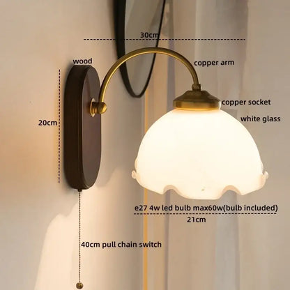 Antique brass floral frosted glass led wall lights bedroom sconce