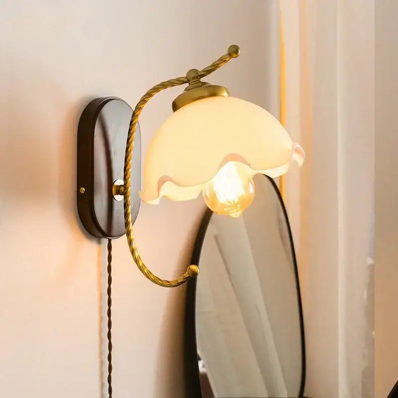 Antique brass floral frosted glass led wall lights bedroom sconce