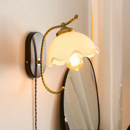 Antique brass floral frosted glass led wall lights bedroom sconce