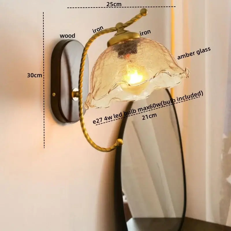 Antique brass floral frosted glass led wall lights bedroom sconce