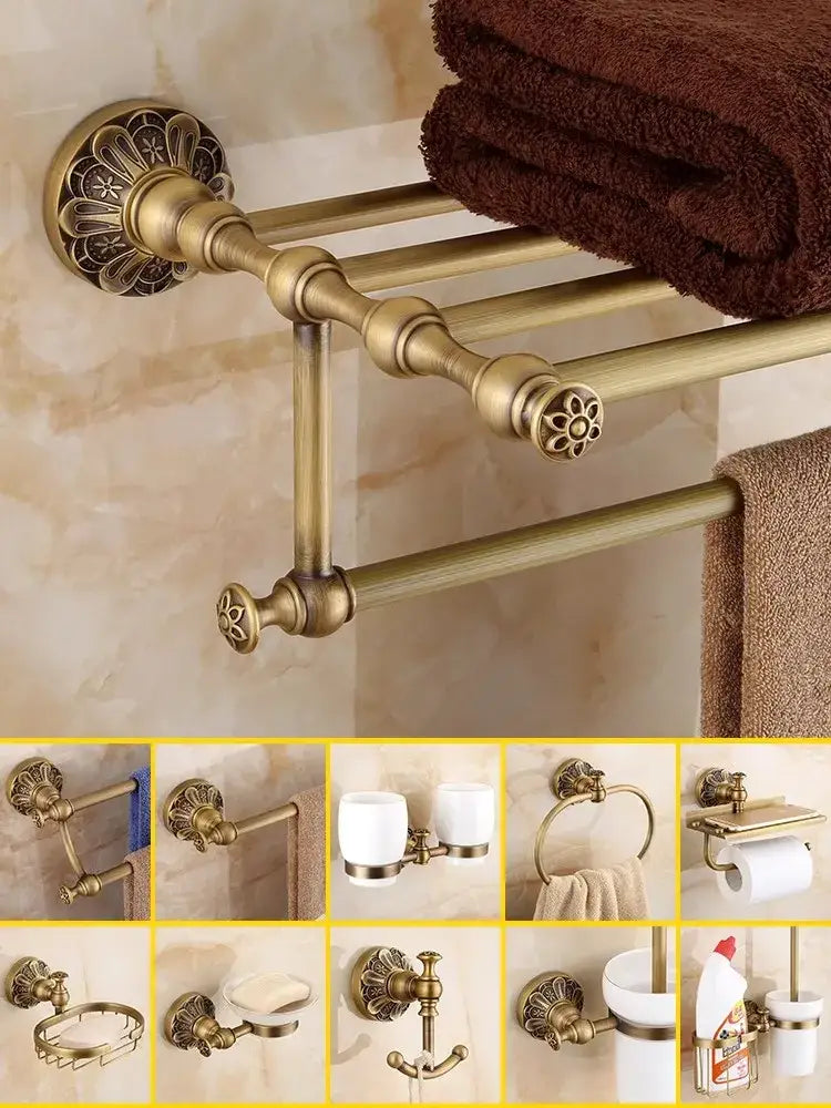 Antique brass floral hardware set bathroom double tier towel rack