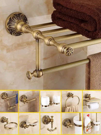 Antique brass floral hardware set bathroom double tier towel rack