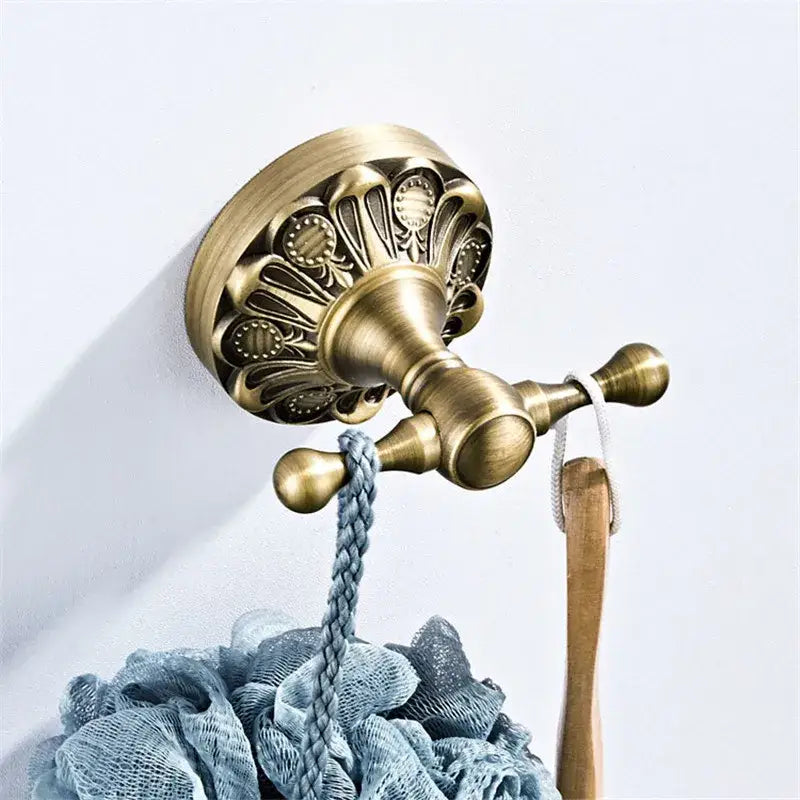 Antique brass floral hardware set bathroom double tier towel rack
