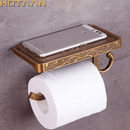 Antique brass floral toilet paper holder with phone rack bathroom