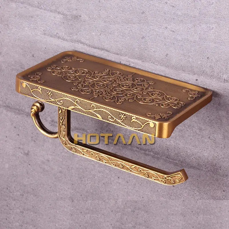 Antique brass floral toilet paper holder with phone rack bathroom