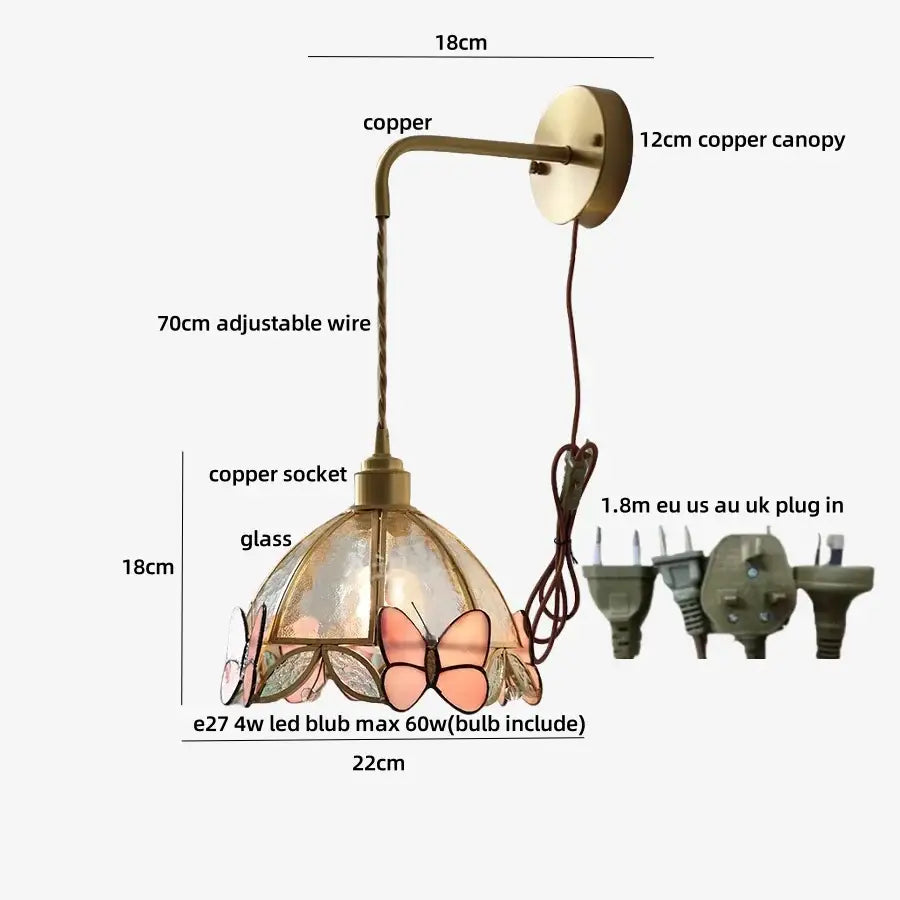 Antique brass flower glass led wall light bedroom sconce with pull chain