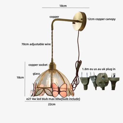 Antique brass flower glass led wall light bedroom sconce with pull chain