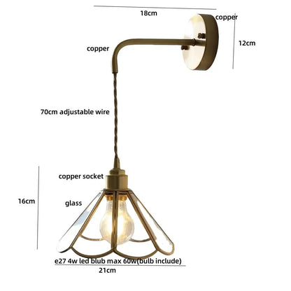 Antique brass flower glass led wall light bedroom sconce with pull chain