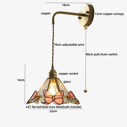 Antique brass flower glass led wall light bedroom sconce with pull chain