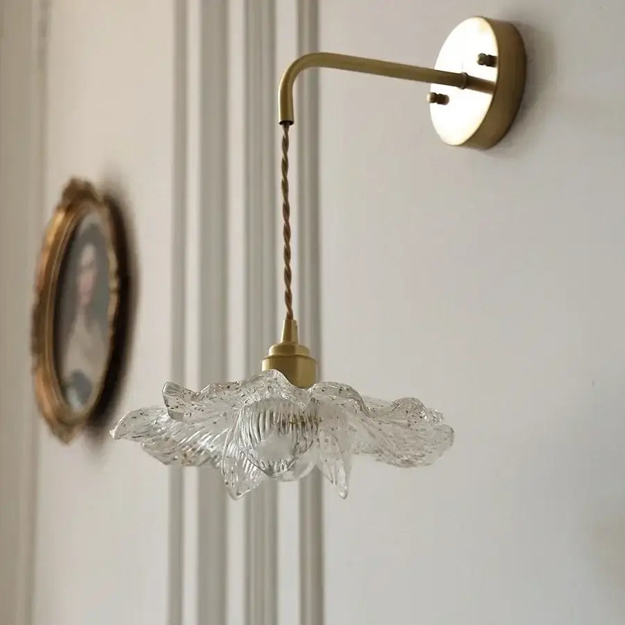Antique brass flower glass led wall light bedroom sconce with pull chain