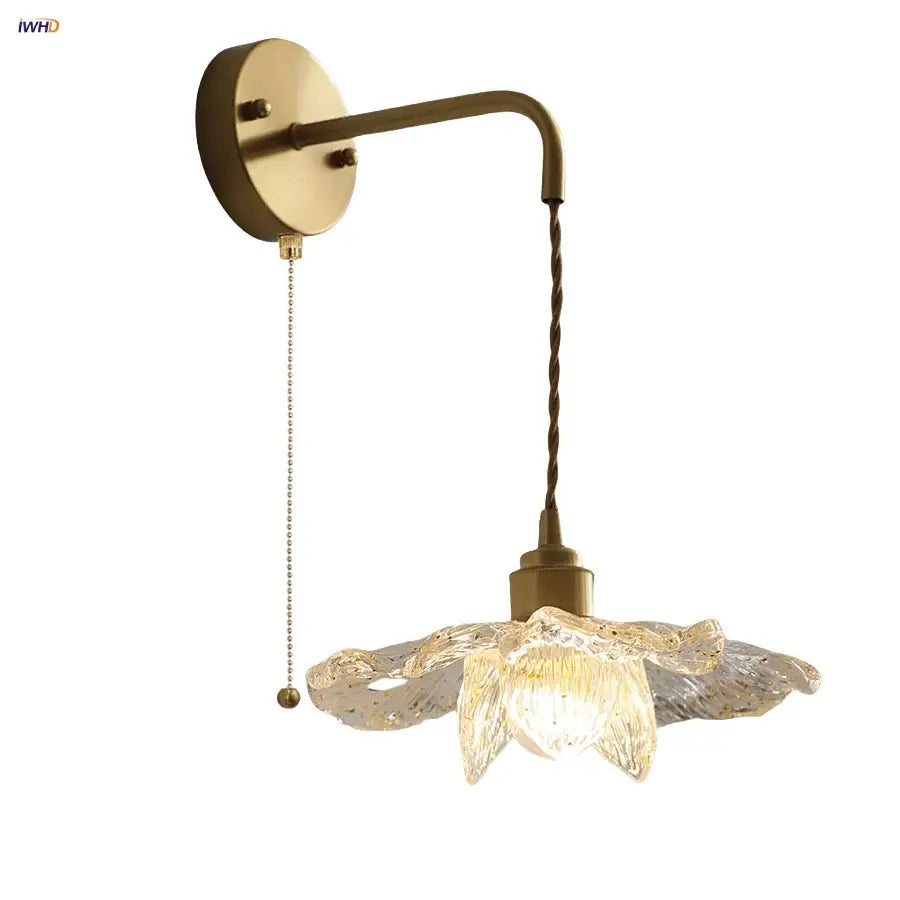 Antique brass flower glass led wall light bedroom sconce with pull chain