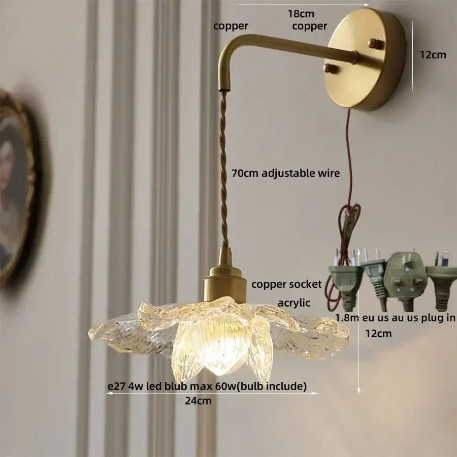 Antique brass flower glass led wall light bedroom sconce with pull chain