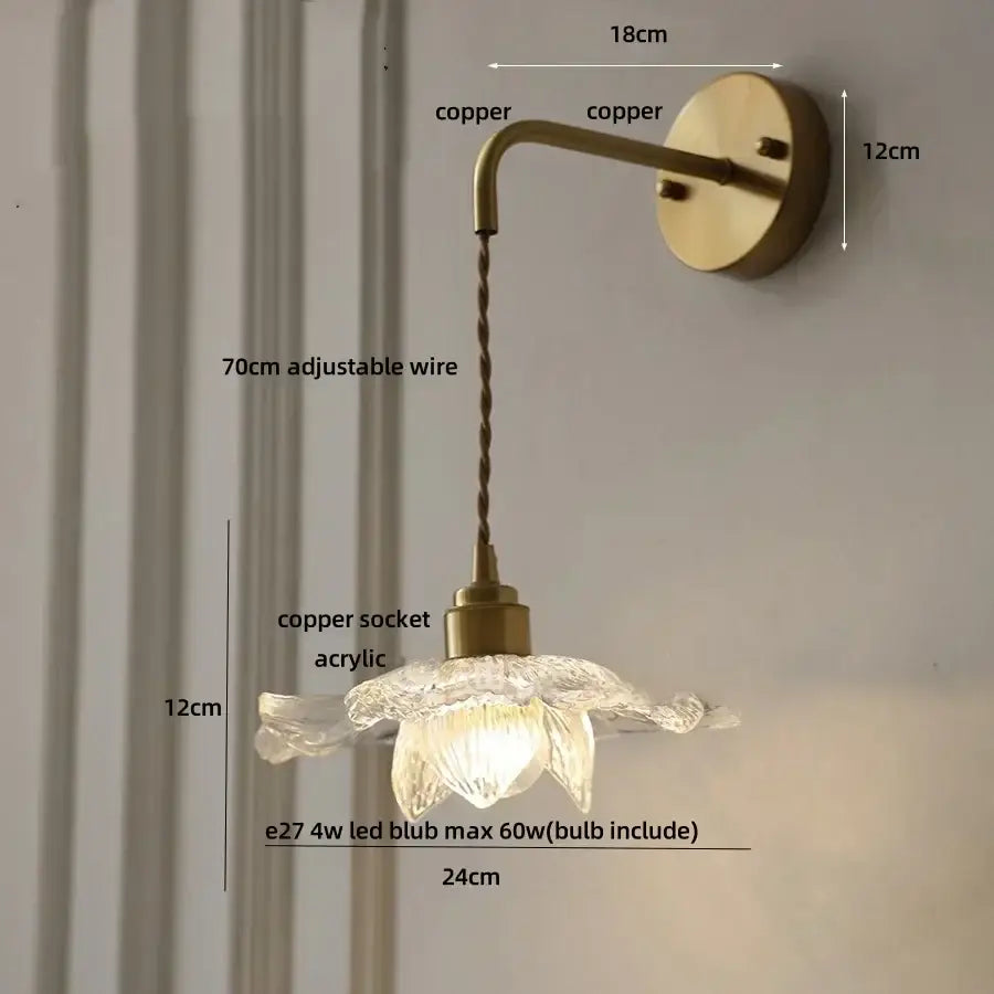 Antique brass flower glass led wall light bedroom sconce with pull chain