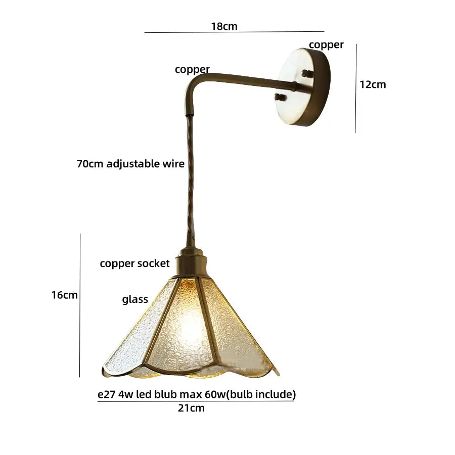 Antique brass flower glass led wall light bedroom sconce with pull chain