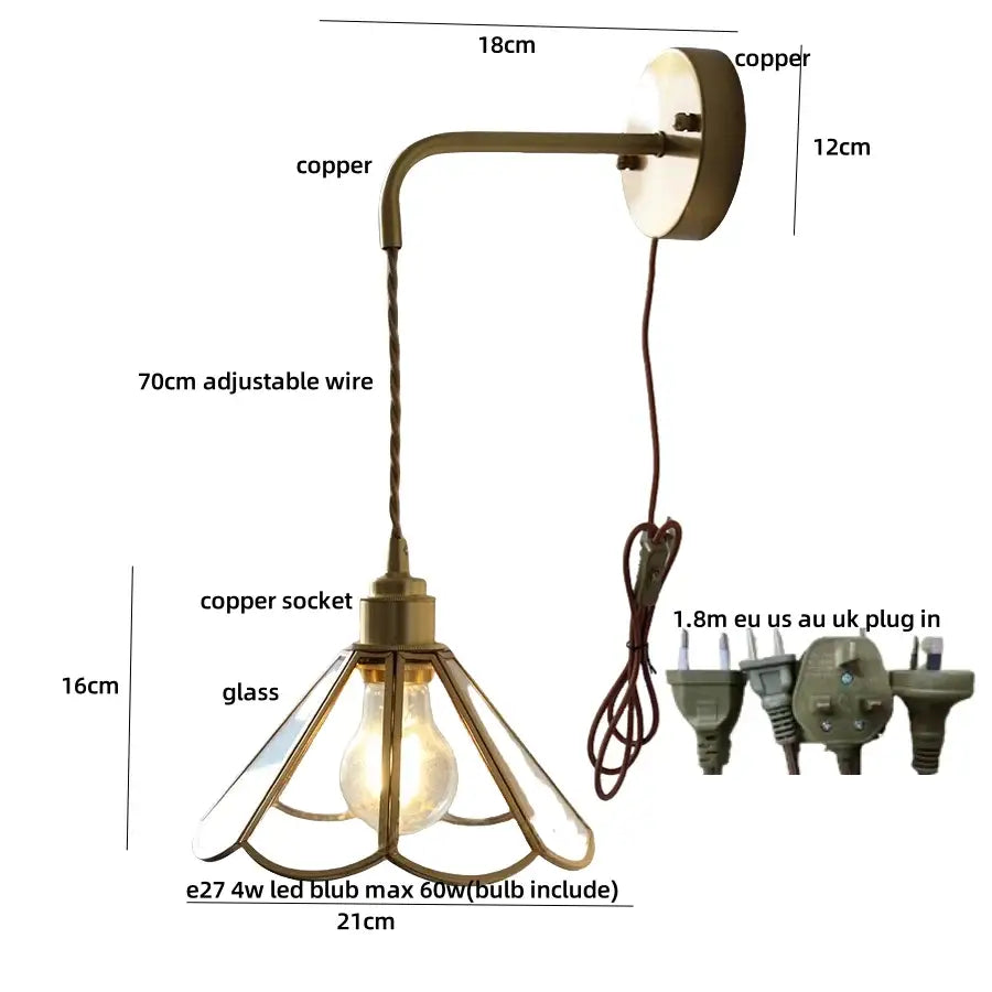 Antique brass flower glass led wall light bedroom sconce with pull chain