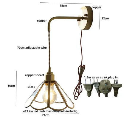 Antique brass flower glass led wall light bedroom sconce with pull chain