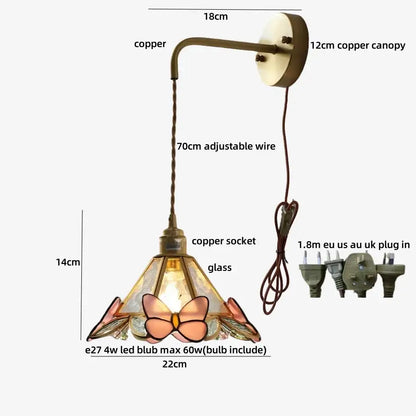 Antique brass flower glass led wall light bedroom sconce with pull chain