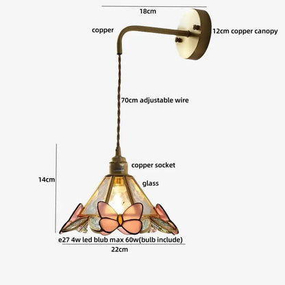 Antique brass flower glass led wall light bedroom sconce with pull chain