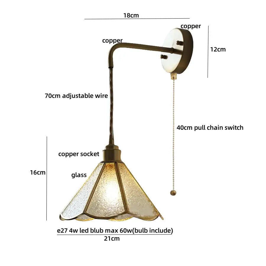 Antique brass flower glass led wall light bedroom sconce with pull chain