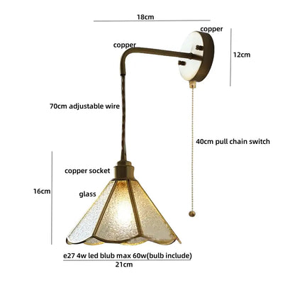 Antique brass flower glass led wall light bedroom sconce with pull chain