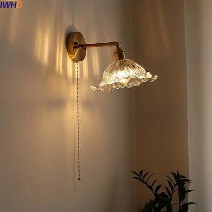 Antique brass flower glass sconce led wall lamp for bedroom