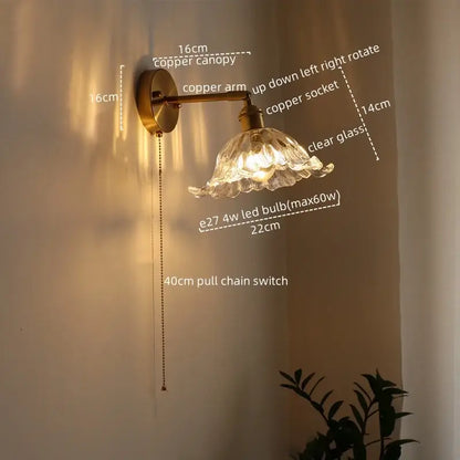 Antique brass flower glass sconce led wall lamp for bedroom