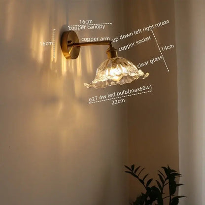 Antique brass flower glass sconce led wall lamp for bedroom