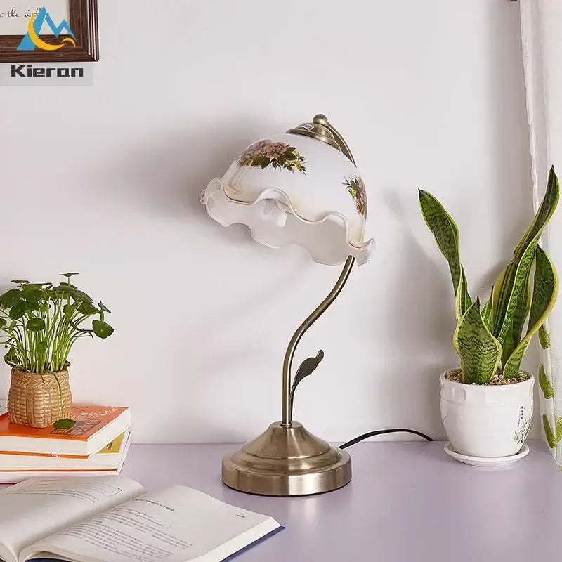 Antique brass glass flower led desk lamp bedroom table light