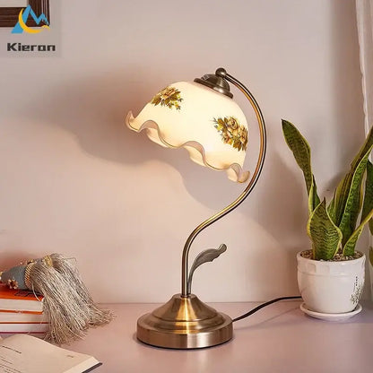 Antique brass glass flower led desk lamp bedroom table light