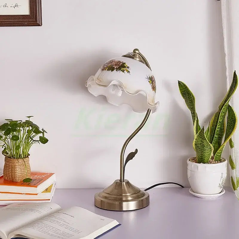 Antique brass glass flower led desk lamp bedroom table light