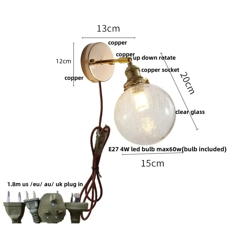 Antique brass glass rotate copper led wall sconce bedroom lamp