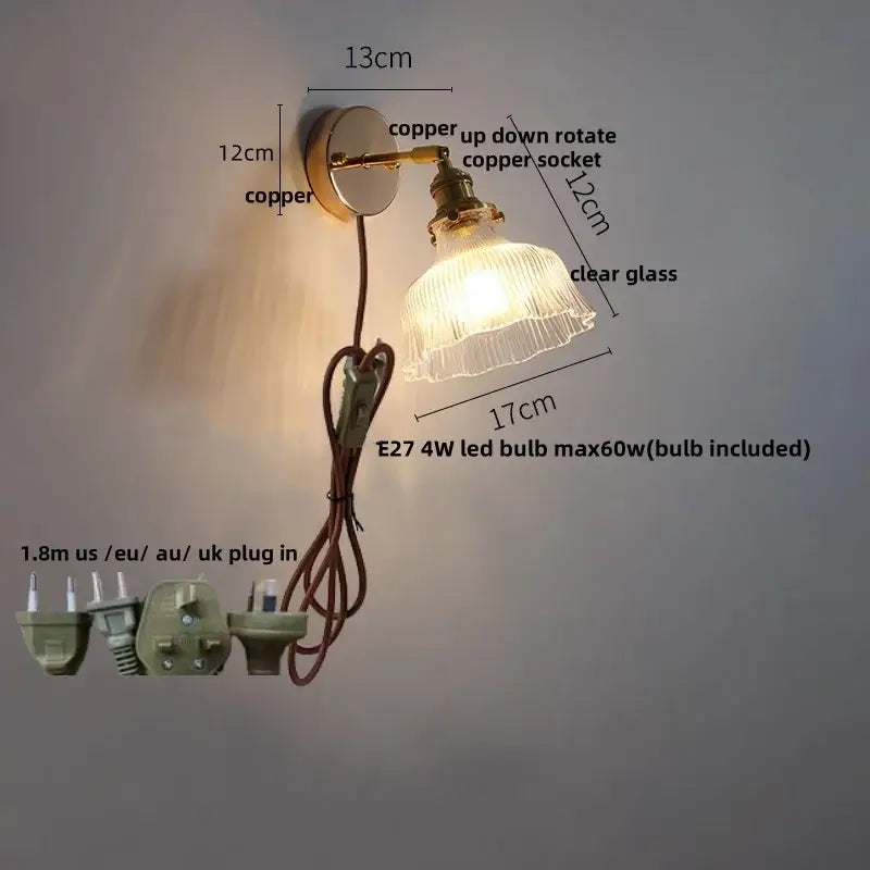 Antique brass glass rotate copper led wall sconce bedroom lamp