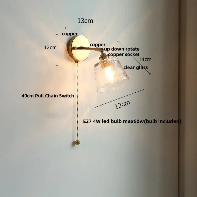 Antique brass glass rotate copper led wall sconce bedroom lamp