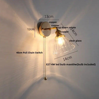 Antique brass glass rotate copper led wall sconce bedroom lamp
