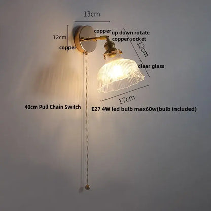 Antique brass glass rotate copper led wall sconce bedroom lamp