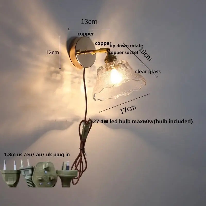 Antique brass glass rotate copper led wall sconce bedroom lamp