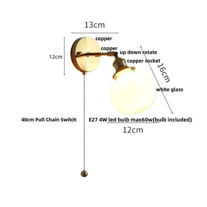 Antique brass glass rotate copper wall sconce bedroom pull chain light
