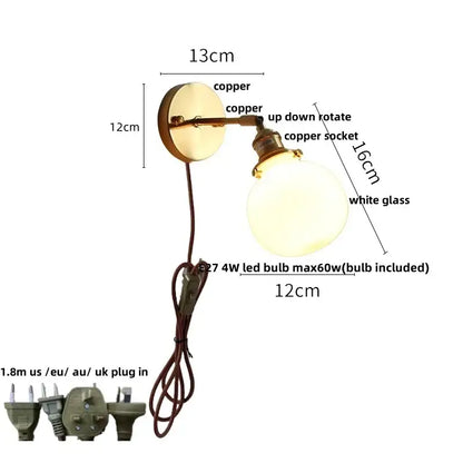 Antique brass glass rotate copper wall sconce bedroom pull chain light