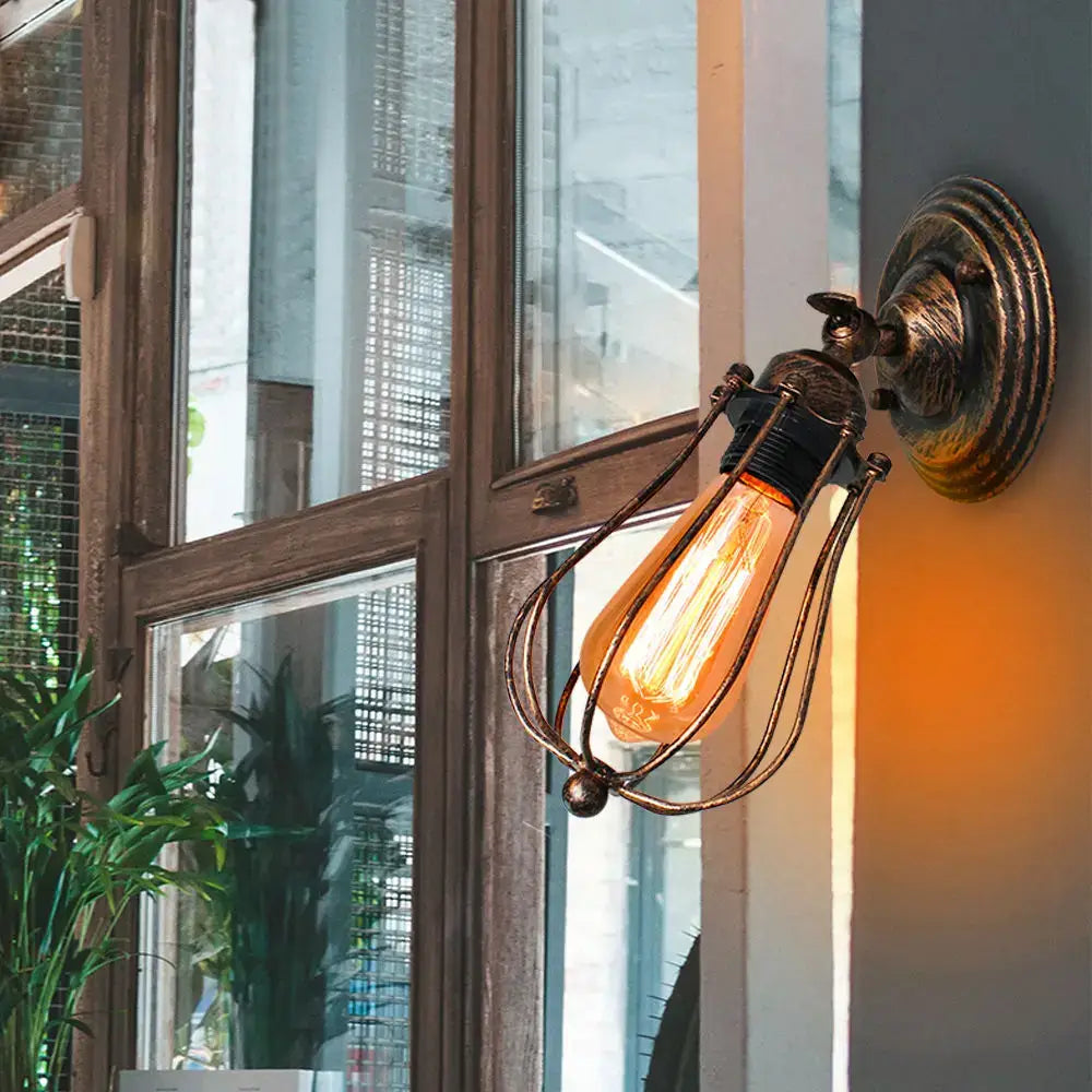 Antique brass industrial wall lamp bedroom wire cage sconce