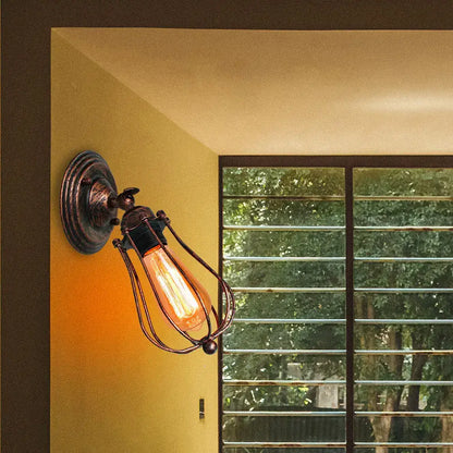 Antique brass industrial wall lamp bedroom wire cage sconce