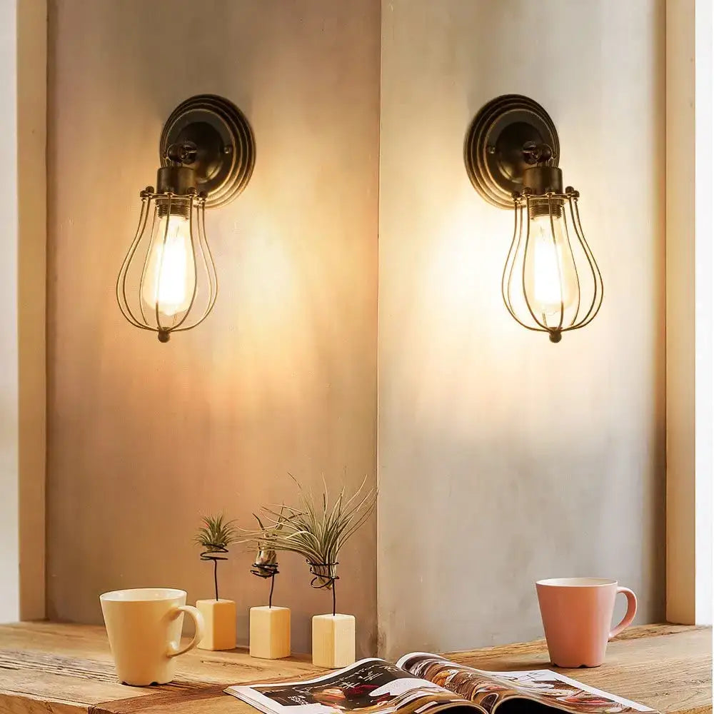 Antique brass industrial wall lamp bedroom wire cage sconce